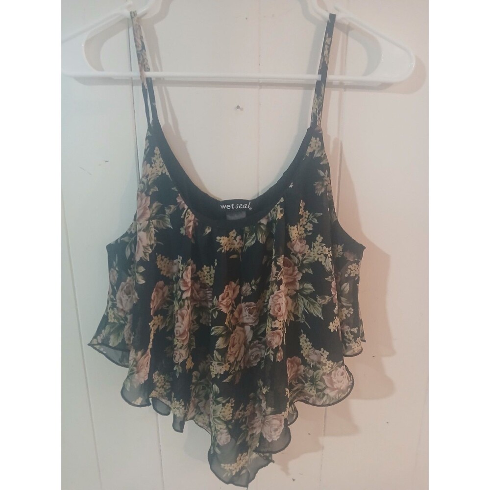 Womens Black  Floral Crop Top Large Flowy Lined Semi Sheer Lightweight Thin Stap